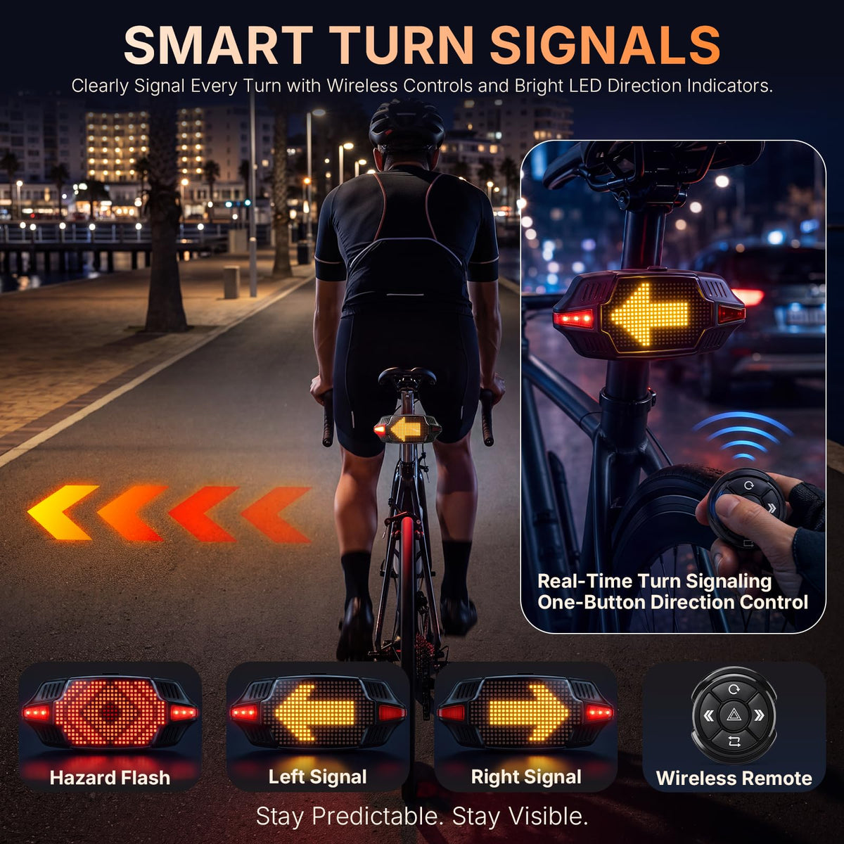 Smart LED Bike Tail Light with Remote Turn Signals & Brake Warning